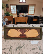 Warren Kimble Primitive Two Bunnies Picture Green Wood Frame 20.25x7 Fol... - $28.98