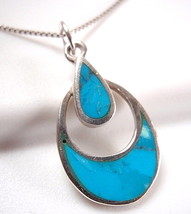 Blue Turquoise Inlay Sterling Silver Necklace Double Teardrop Corona Sun Jewelry - £19.36 GBP