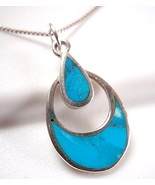 Blue Turquoise Inlay Sterling Silver Necklace Double Teardrop Corona Sun... - £19.07 GBP