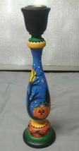 Hand painted wood candlestick Halloween scene 9&quot; tall - £20.69 GBP