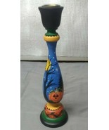 Hand painted wood candlestick Halloween scene 9&quot; tall - £20.32 GBP