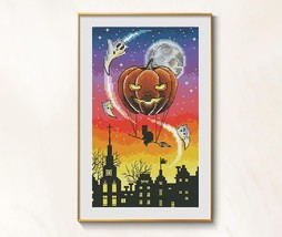 Halloween Cross Stitch Night pattern pdf - Pumpkin ghost Embroidery Witch Night  - £9.02 GBP