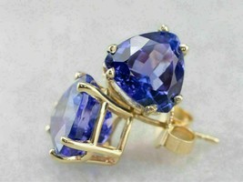 4.00Ct Trillion Cut Blue Tanzanite Solitaire Stud Earrings 14K Yellow Gold Over - £89.94 GBP