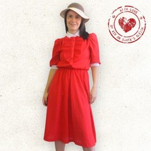 Red Dress 70s Pinstriped Striped Casual Retro Secretary Vintage S - £19.18 GBP