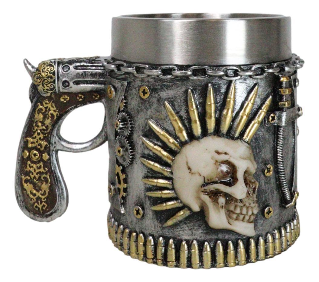 Steampunk Bullets Mohawk Skull War Dog Coffee Mug With Pistol Revolver H... - $24.99