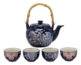 Blue Winter Frost Colorful Large Floral Blooms 25oz Tea Pot With 4 Cups Set - £27.96 GBP