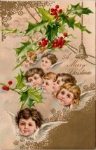 Christmas Angel Children Bell Hollyberry c1906 Postcard N22 - £10.18 GBP