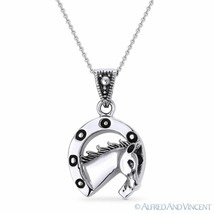 Horse &amp; Horseshoe Animal Luck Charm 925 Sterling Silver Pendant &amp; Chain Necklace - £24.14 GBP+