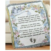 New Baby Tapestry Throw Blanket Floral w Stork &amp; Footprints Special Gift Shower - £35.96 GBP