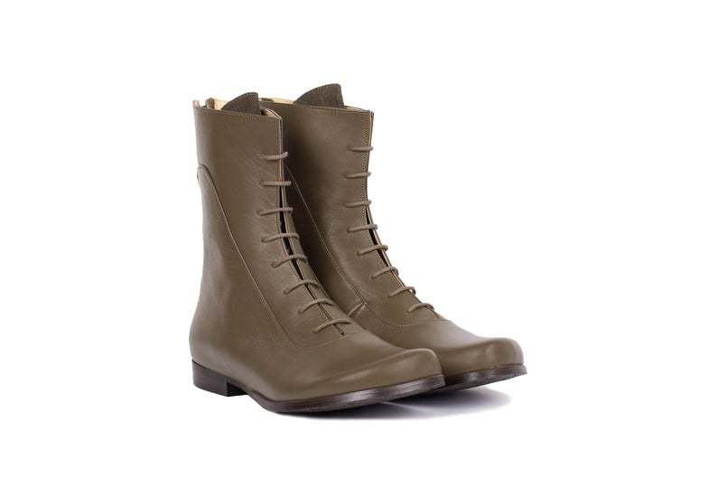 New Olive Green Women's Flat Derby Real Leather Ankle High Lace Up Elegant Boots