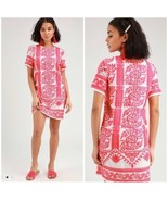Lulus Dress Large Hot Pink White Embroidered Shift Short Sleeve Fond Of You New - $39.98