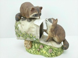 Vintage Homco Masterpiece Porcelain Hand Painted  Playing Raccoons/Mailb... - $23.93