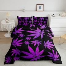 Marijuana Leaf Queen Size Black Purple Comforter Set Weed Leaf Botanical Bedding - £76.71 GBP