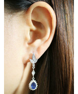 1.10ct Natural Diamond Blue Sapphire 14k White Gold Dangle Earrings AJ20... - $1,623.82