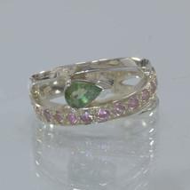 Green Sapphire Pink Tourmaline Silver Ladies Statement Ring size 6.75 Design 90 - £91.68 GBP