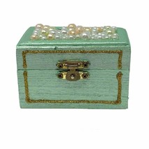 Wooden Trinket Box Pearl and Rhinestone Mermaid Sea Foam Green Hinge Top - £10.29 GBP