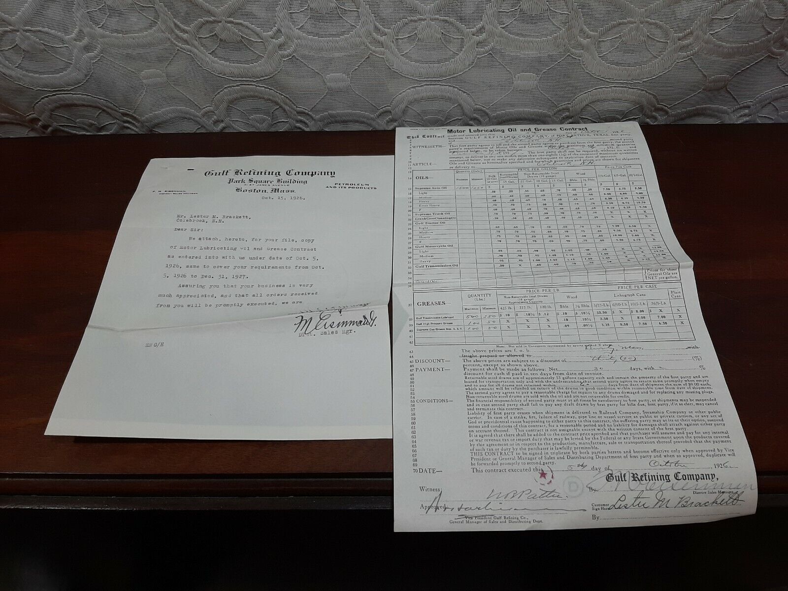 1926 GULF MOTOR OIL GREASE DEALER SERVICE GAS STATION AGREEMENT Colebroo... - $23.23