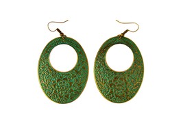 Floral Boho Earrings with Green Patina, Light Weight Hoops, Bohemian Vintage - £11.81 GBP