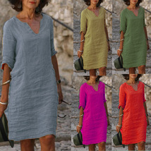 Cotton and Linen V-neck Dress, Retro Solid Color Dress for Women, Casual... - $35.99