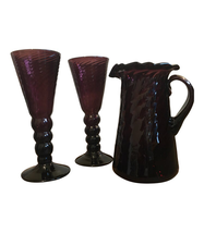 Art Glass Twisted Glass Purple Pitcher and Goblet Set 3 Piece Set Amethyst Glass - £152.29 GBP