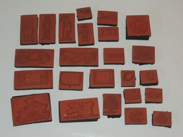 Lot of 24 Rubber Stamps Assorted Sizes Subjects family car plane message... - $8.09