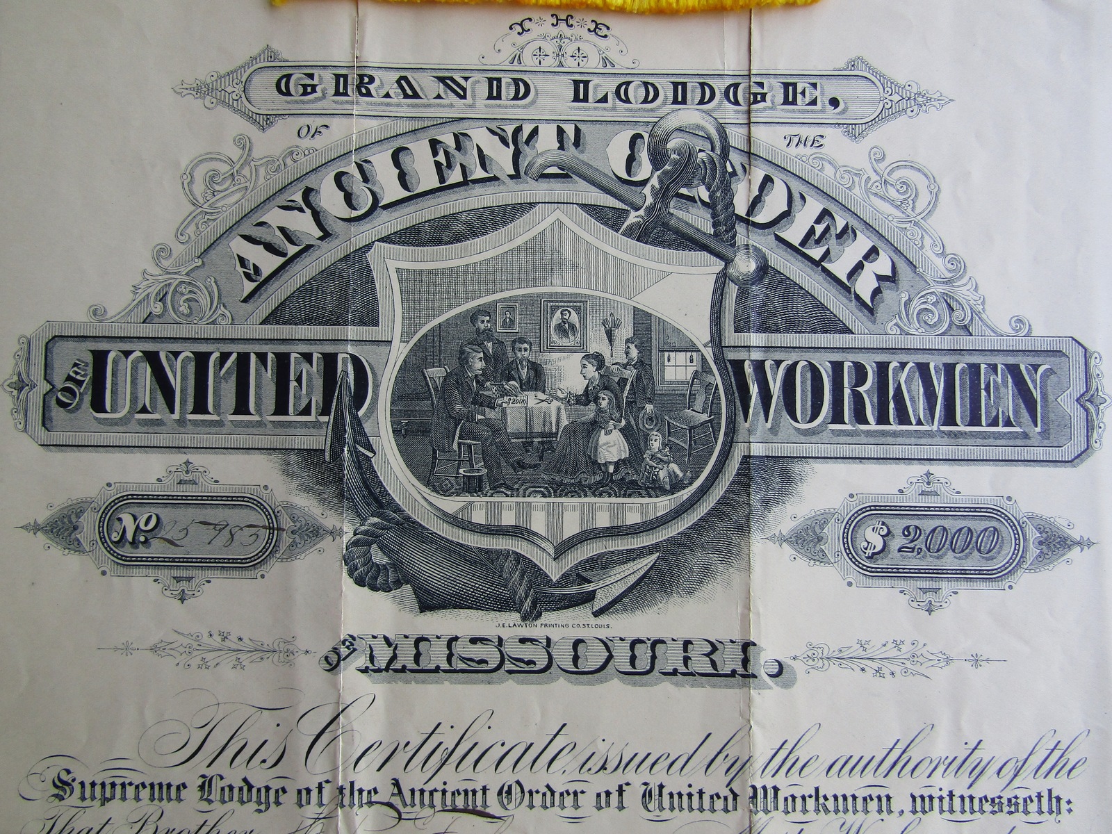 1886 United Workmen of Missouri Beneficiary Certificate - $225.00