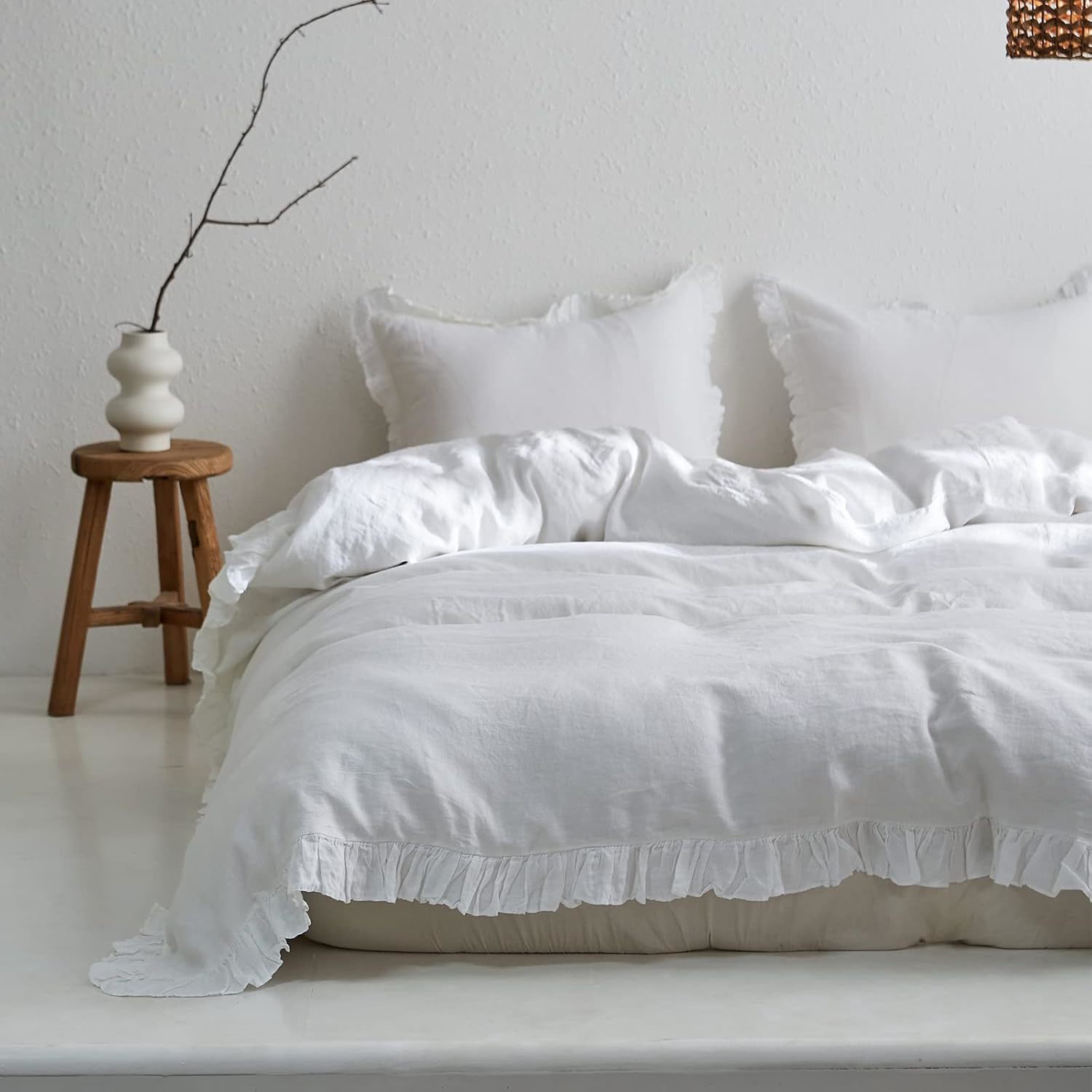 100% Washed Linen Duvet Cover Set-3 Pieces Premium Shabby Chic Ruffled Bedding W