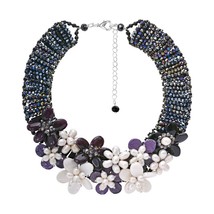 Enchanting White and Purple Bouquet Stone Pearls and Crystals Necklace - £56.32 GBP