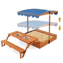 Kids Wooden Sand Box with Foldable Picnic Sensory Table and Bench-Natural - $331.49