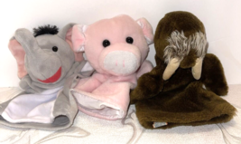 Lot of 3 Plush Stuffed Hand Puppets Grey Elephant Pink Puppy Brown Walrus Kids - £15.76 GBP