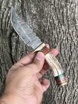 CUSTOM MADE  DAMASCUS STEEL SKINNING KNIFE STAG ANTLER HANDLE HUNTING - $23.72