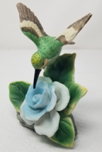 Hummingbird Figurine Blue Rose Nectar Flying Porcelain 1970s Vintage - £15.14 GBP