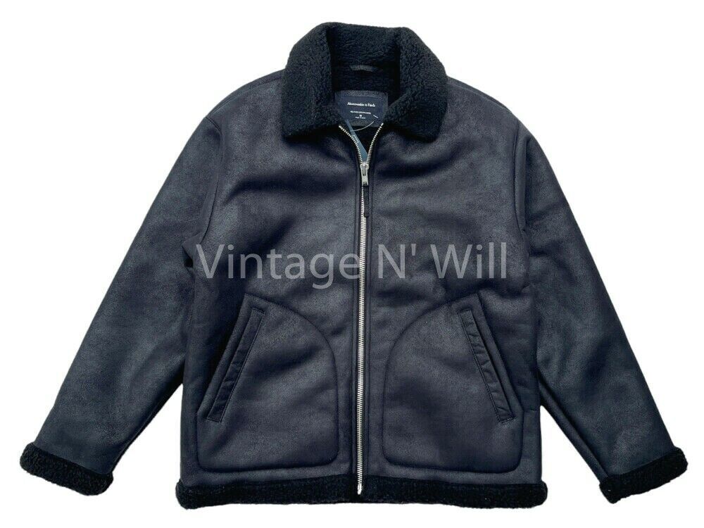 Abercrombie Fitch Mens Black Relaxed Fit Vegan Faux Suede Sherpa Aviator... - $52.25
