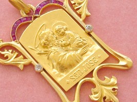 ANTIQUE NOUVEAU SAN JOSE ST JOSEPH BABY JESUS 18K RUBY RELIGIOUS PENDANT... - $1,979.01