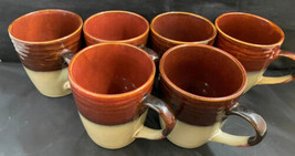 Linden Stree Stoneware 16 oz Coffee Mugs (6) Tan &amp; Brown Willow Lane Rus... - $39.00