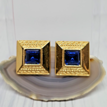 Vintage Monet Large Square Blue Crystal Earrings Pierced Gold Tone Signed - £19.50 GBP