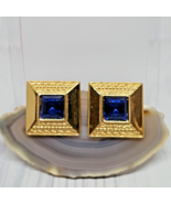 Vintage Monet Large Square Blue Crystal Earrings Pierced Gold Tone Signed - £19.50 GBP
