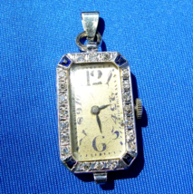Earth mined Diamond Sapphire Deco Watch Unique Antique Platinum Pendant - $3,935.25