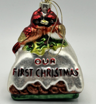 Couple’s First Christmas Ornament Glass Red Cardinal Birds on Rooftop 4 x 3 In - $18.89