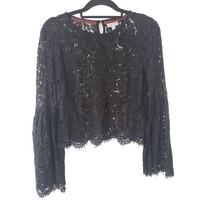 Skylar + Jade Top Medium Womens Black Sheer Lace Belle Sleeve Key Hole Blouse - £16.85 GBP