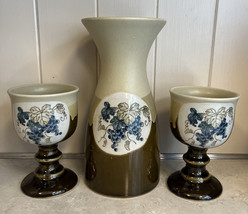 Otagiri Japan Stoneware Footed Wine Water Cups &amp; Carafe Wave Pattern Brown - $39.95