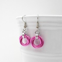 Hot pink love knot chainmail earrings, handmade jewelry - $15.00