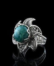 925 Sterling Silver Lotus Flower Women Cocktail Ring With Amazonite Gemstone - £53.71 GBP