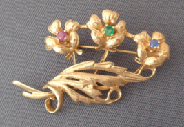 Great Quality Pin Brooch Flower Bouquet Floral Spray Genuine Gemstone Gold Tone - £23.91 GBP