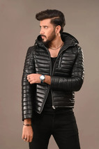 Leather Jacket Men Black with Hood Lambskin Biker Size S M L XL XXL Cust... - £130.70 GBP