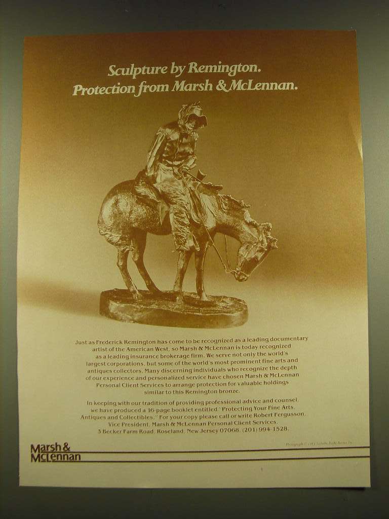 1990 Marsh & McLennan insurance Ad - Sculpture by Remington - $18.49
