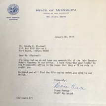 1978 Diane Preece Signed Letter MN Governor Memorabilia Request Hubert H... - £5.50 GBP