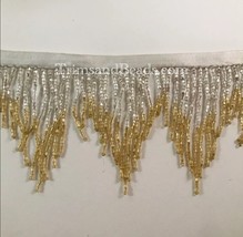 3&quot; SILVER/GOLD Glass Bugle Bead Chevron Ombre Beaded Fringe Trim Variegated - £11.05 GBP