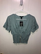 NEW Forever 21 V Neck Woven Shirt Short Sleeve Cropped Medium Shirt Top Seafoam - £4.74 GBP