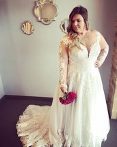 White Plus Size Wedding Dress Long Sleeve Lace Bridal Dress  - $189.90
